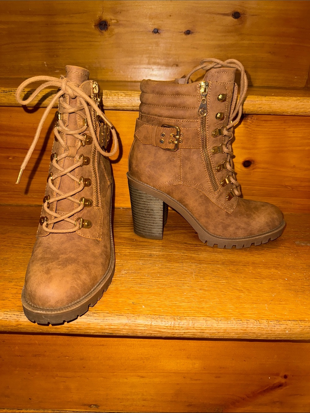 GUESS Lace-Up Block Heel Ankle Boots in Brown